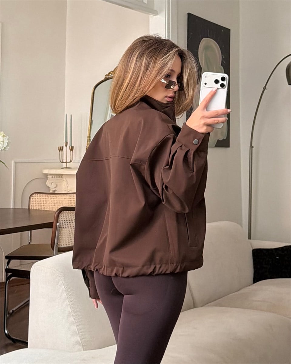 Çıtçıtlı Kahverengi Trenç Bomber Ceket