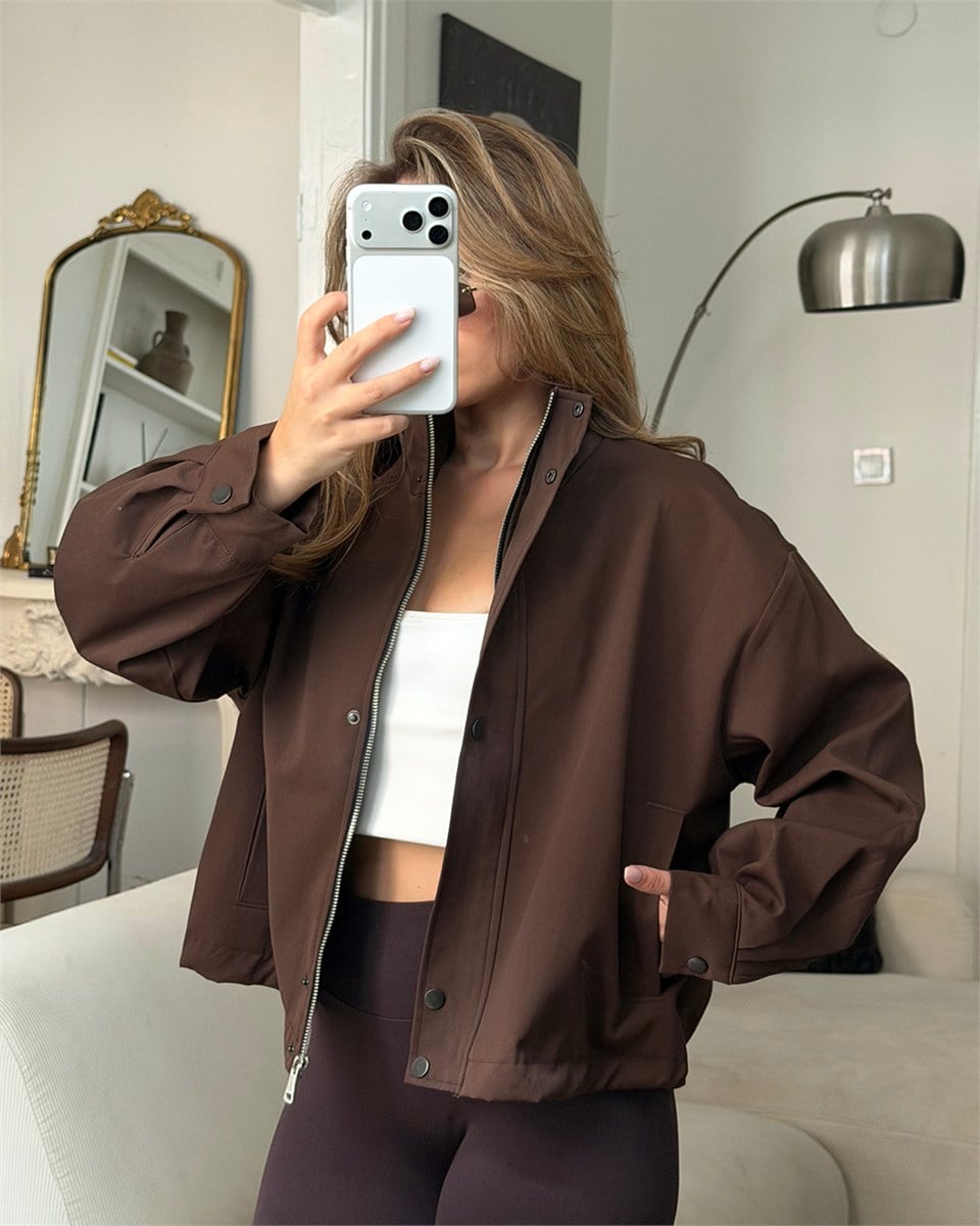 Çıtçıtlı Kahverengi Trenç Bomber Ceket