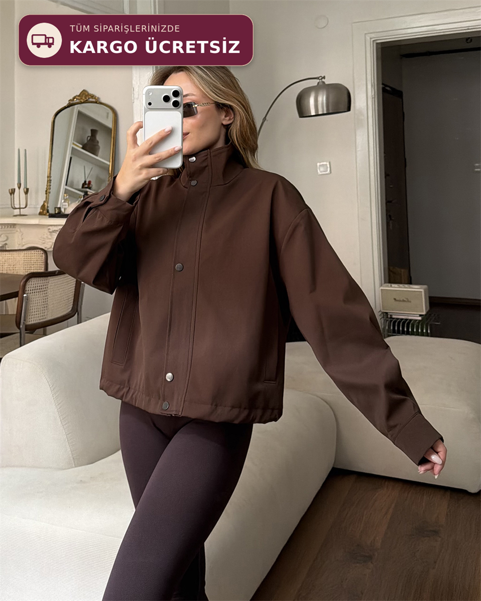 Çıtçıtlı Kahverengi Trenç Bomber Ceket