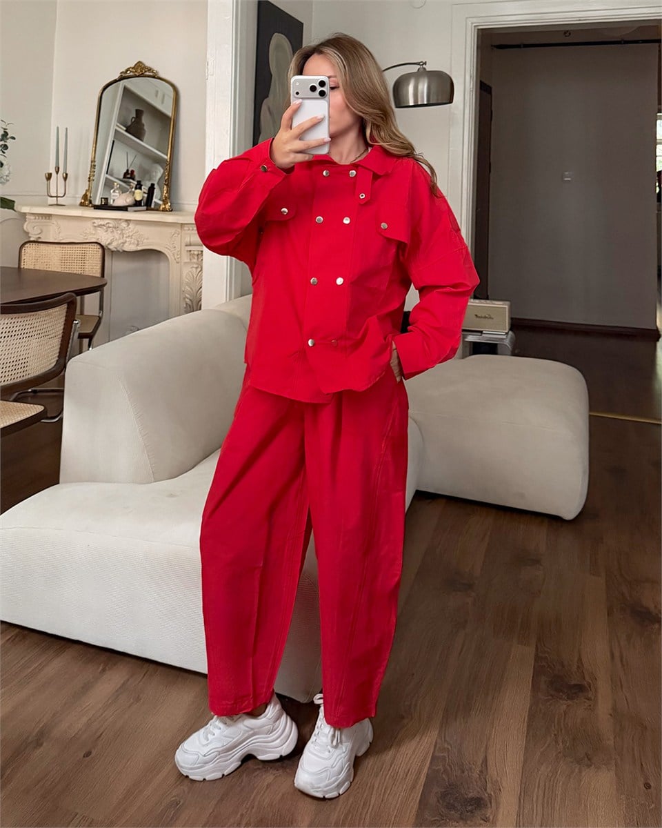 Çıtçıtlı Kırmızı Gömlek Pantolon İkili Takım