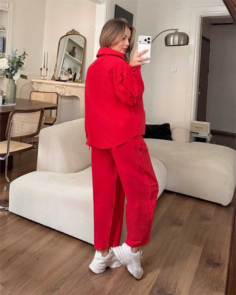 Çıtçıtlı Kırmızı Gömlek Pantolon İkili Takım