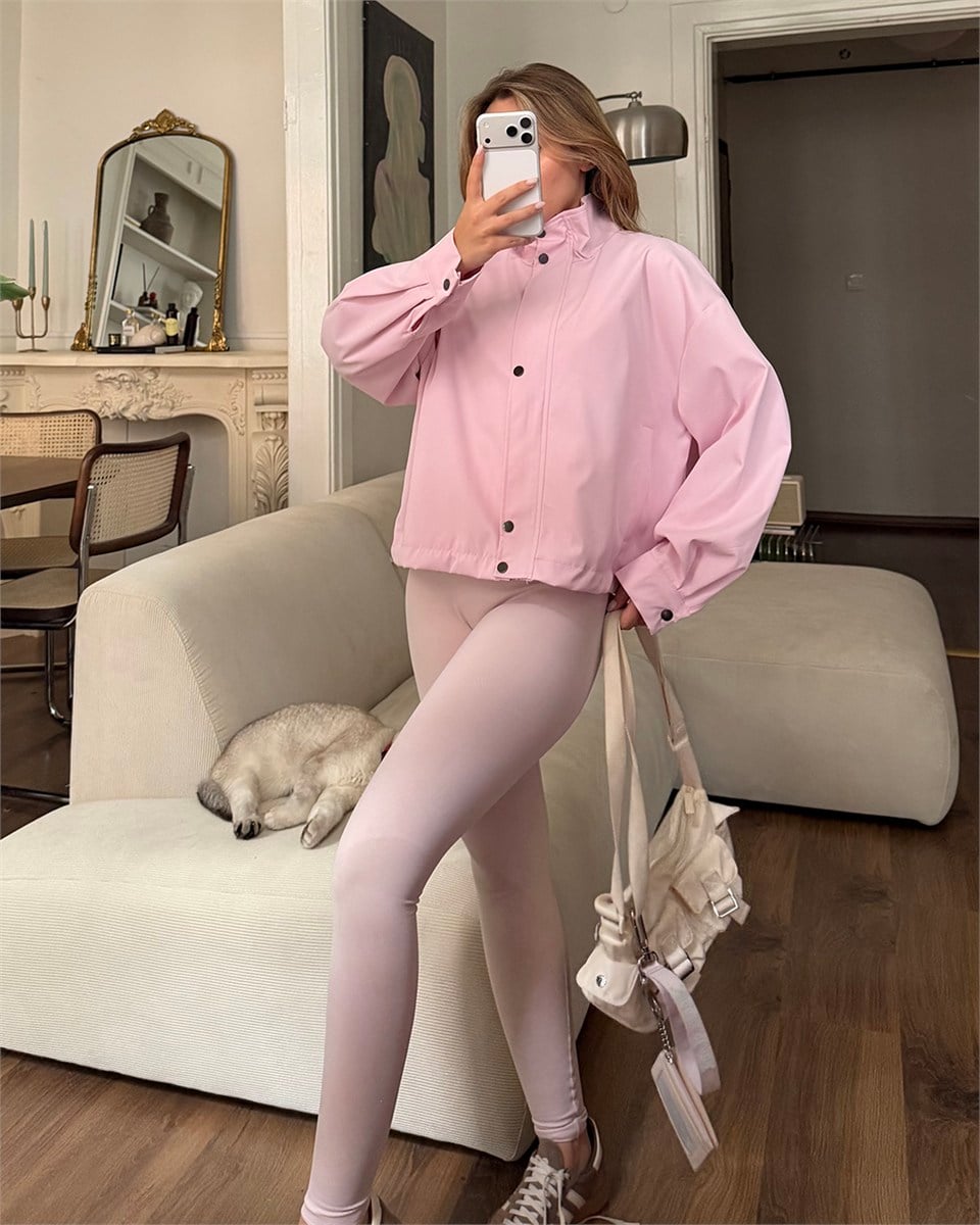 Çıtçıtlı Pembe Trenç Bomber Ceket