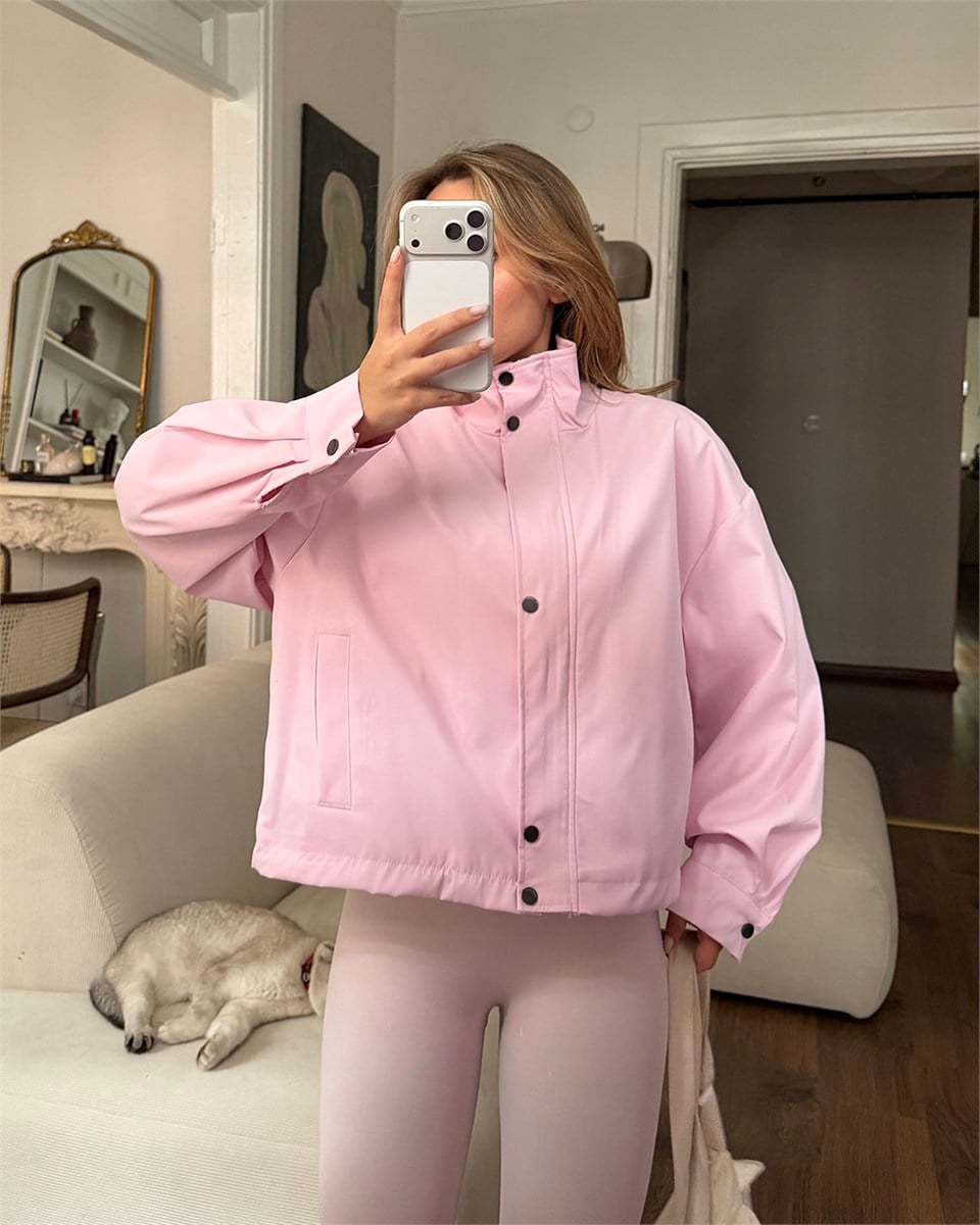 Çıtçıtlı Pembe Trenç Bomber Ceket