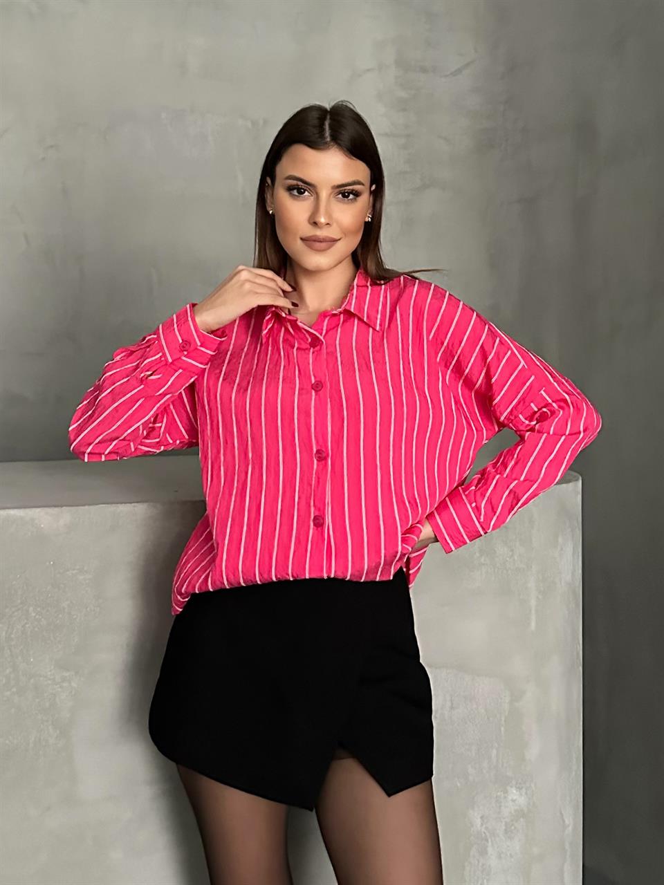 Cepsiz Çizgili Fuşya Gömlek