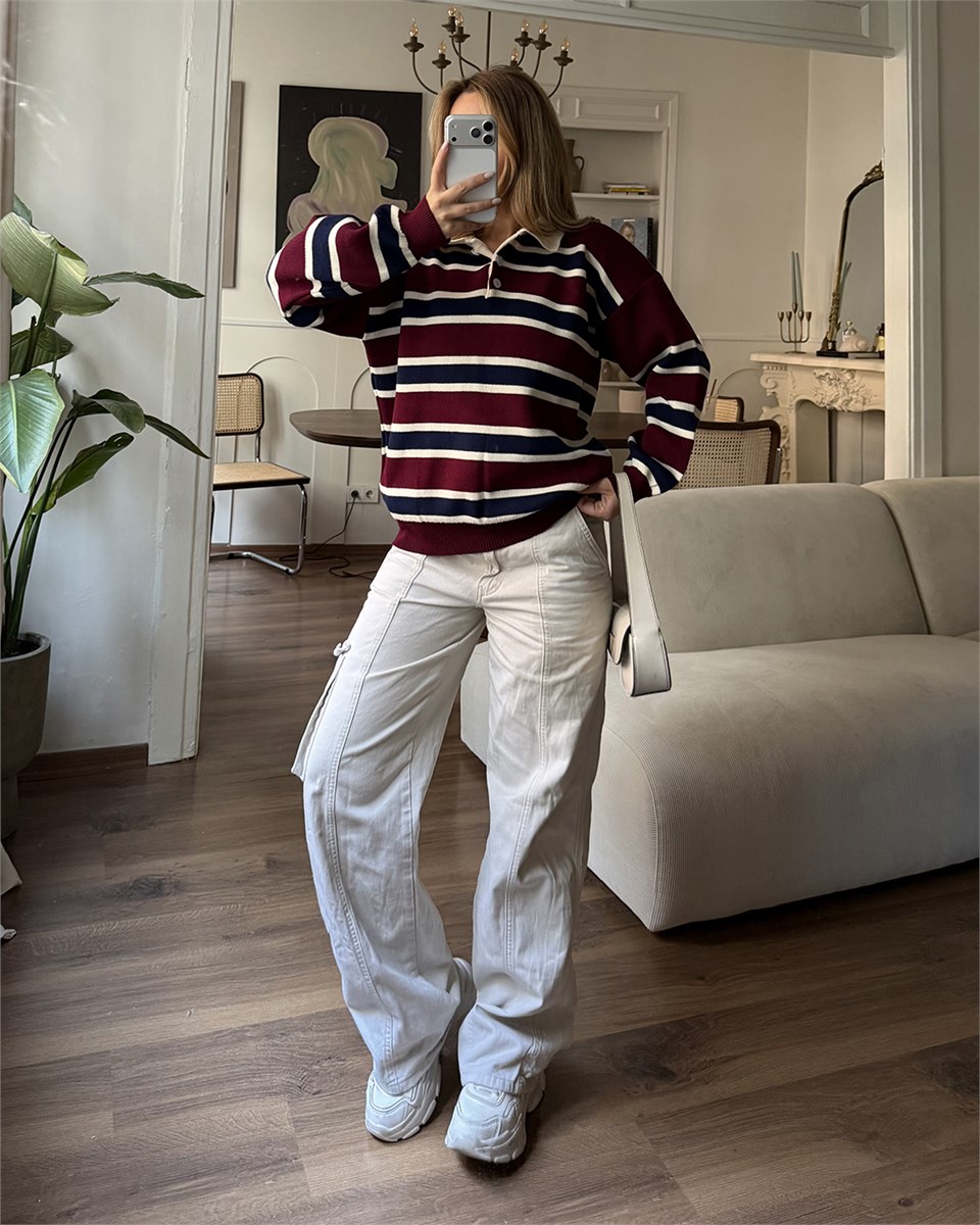 Çizgili Polo Yaka Oversize Bordo Triko Kazak
