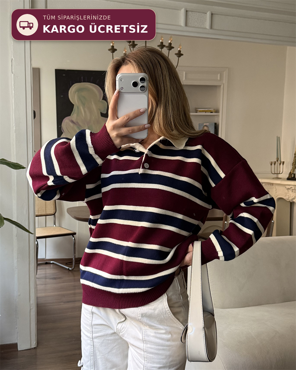 Çizgili Polo Yaka Oversize Bordo Triko Kazak