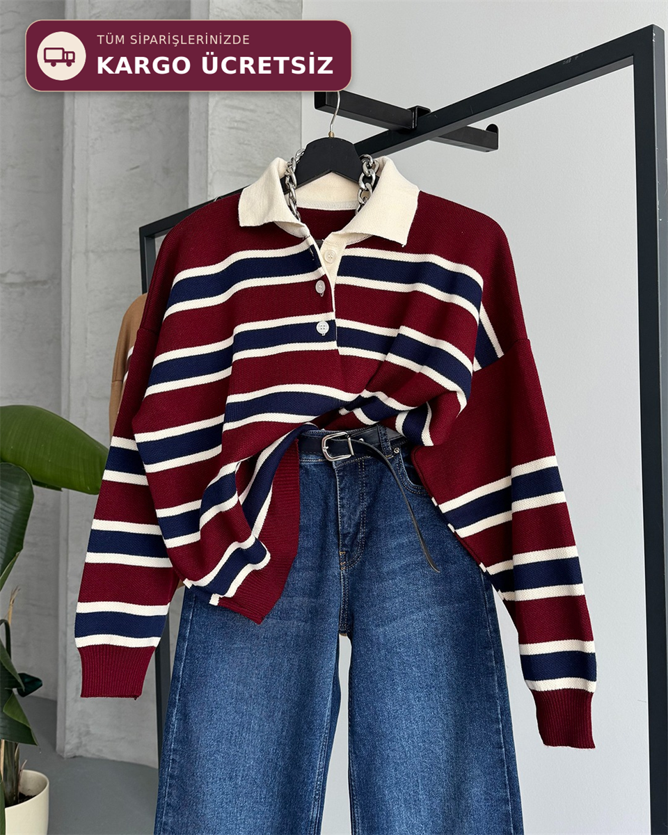 Çizgili Polo Yaka Oversize Bordo Triko Kazak