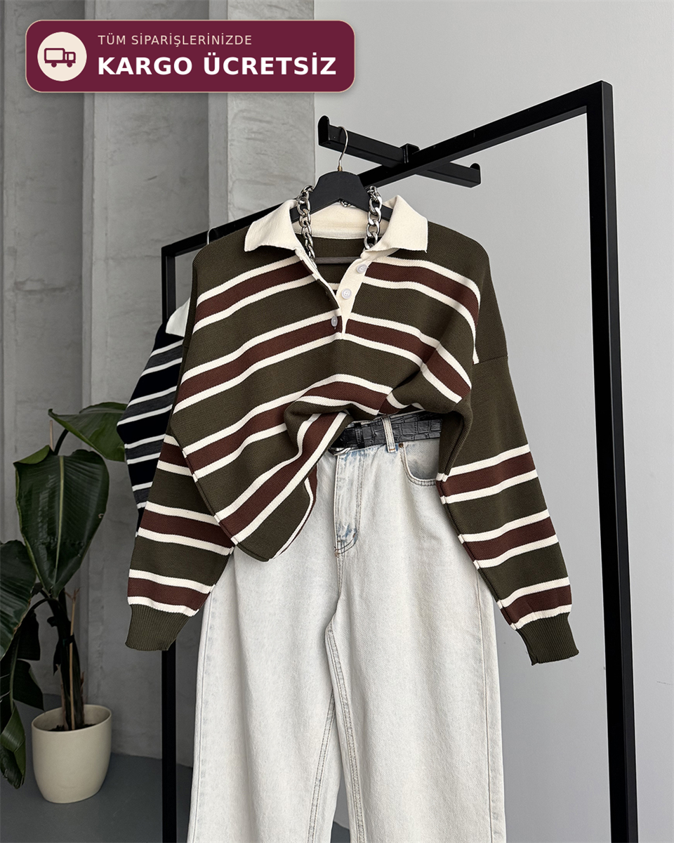 Çizgili Polo Yaka Oversize Haki Triko Kazak