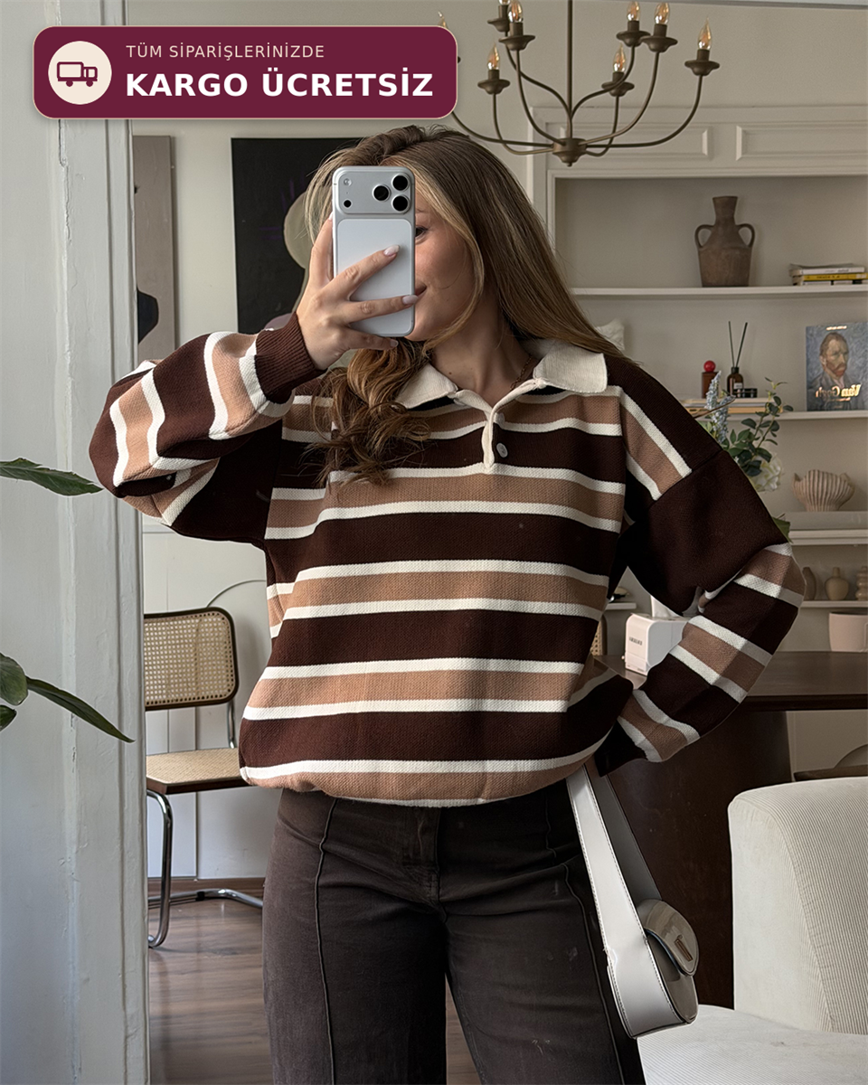 Çizgili Polo Yaka Oversize Kahverengi Triko Kazak