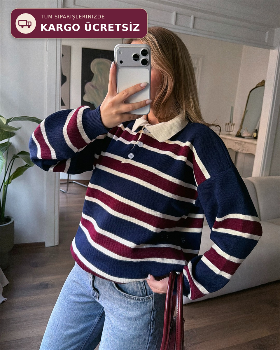 Çizgili Polo Yaka Oversize Lacivert Triko Kazak