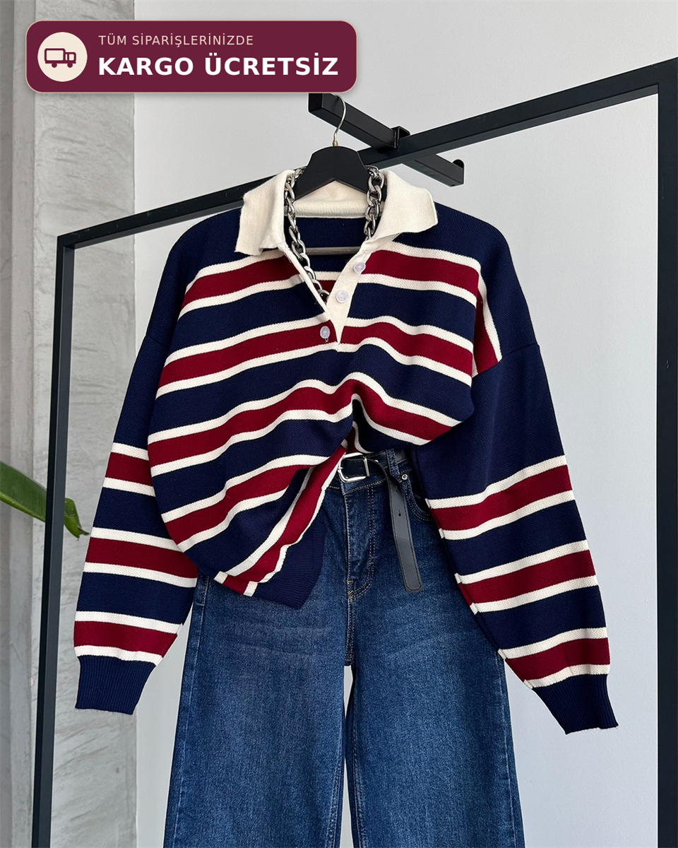 Çizgili Polo Yaka Oversize Lacivert Triko Kazak