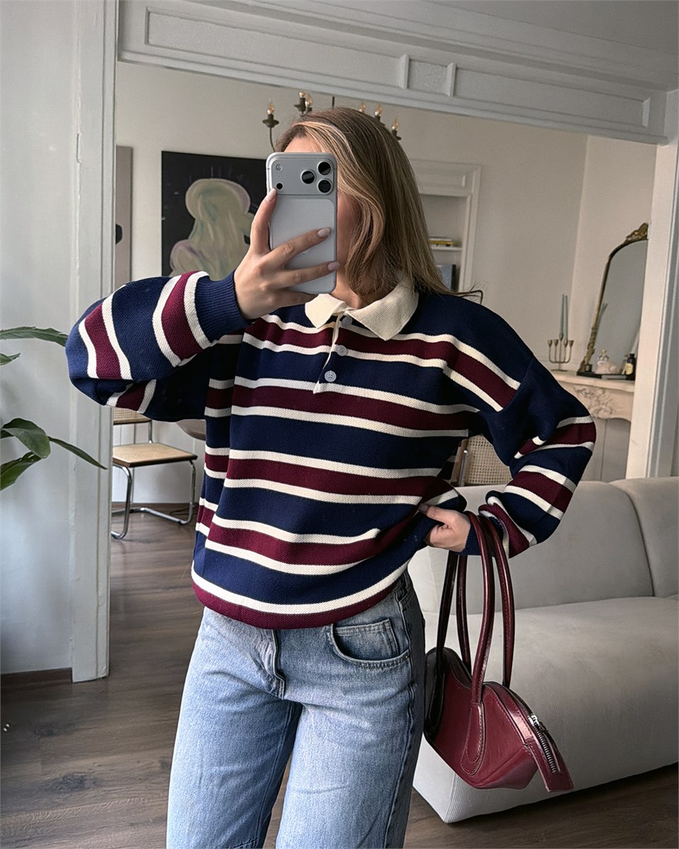 Çizgili Polo Yaka Oversize Lacivert Triko Kazak