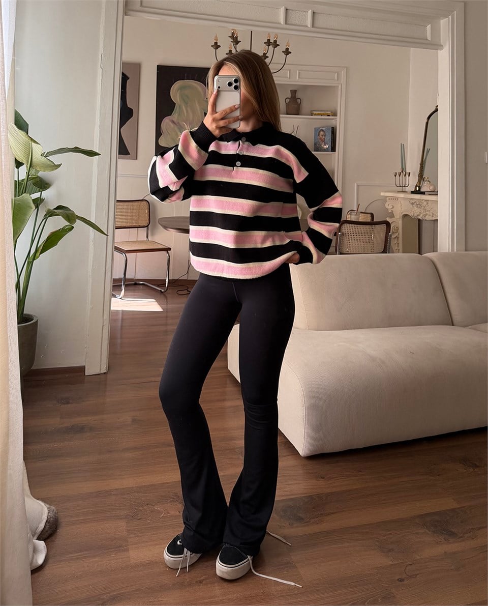 Çizgili Polo Yaka Oversize Pembe Triko Kazak
