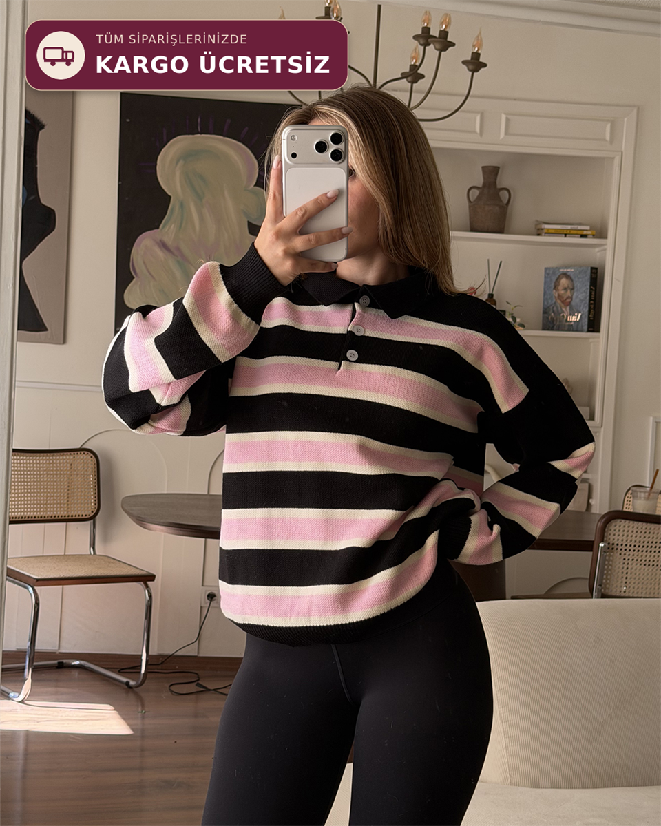Çizgili Polo Yaka Oversize Pembe Triko Kazak