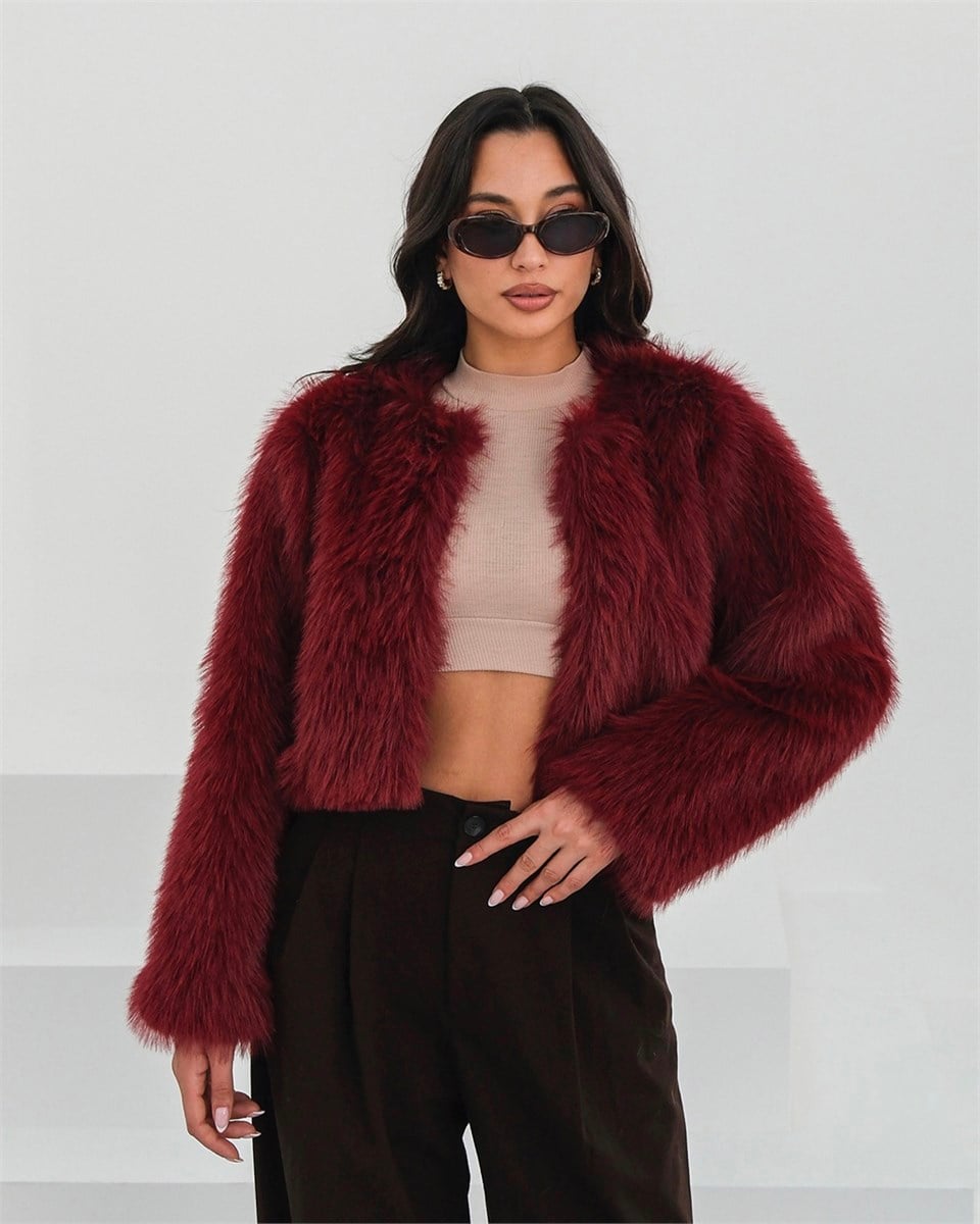 Crop Bordo Kürk Ceket