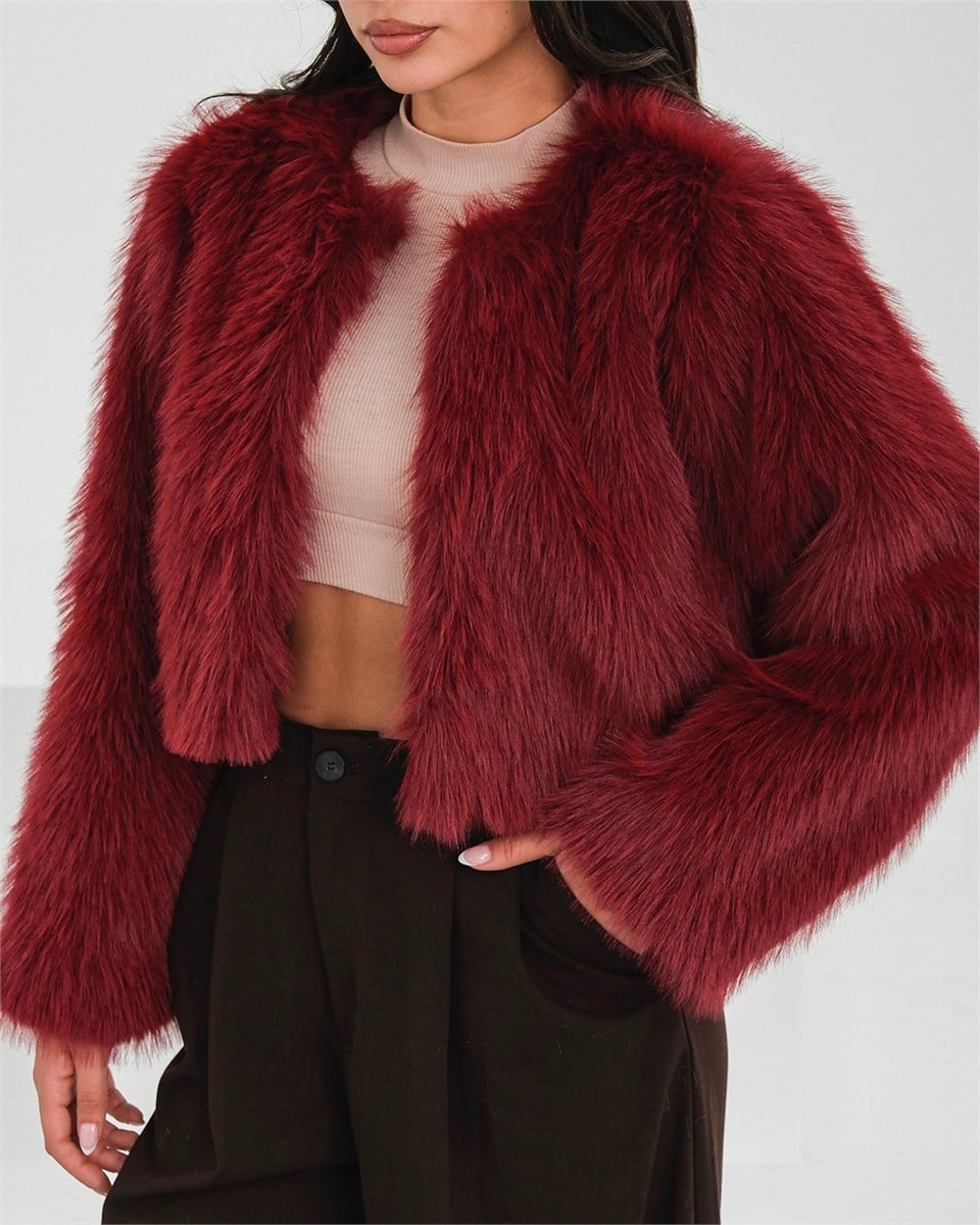 Crop Bordo Kürk Ceket
