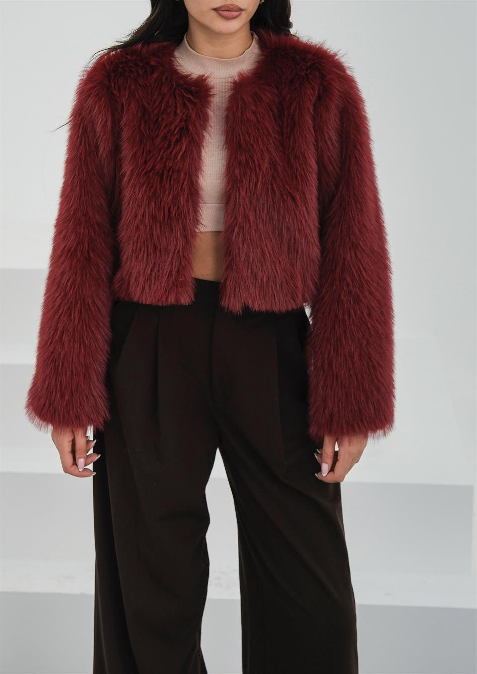 Crop Bordo Kürk Ceket