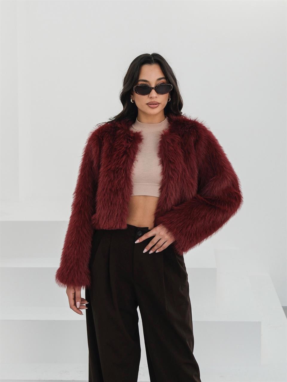 Crop Bordo Kürk Ceket