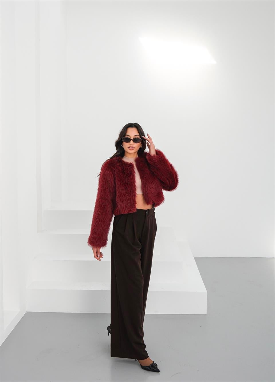 Crop Bordo Kürk Ceket