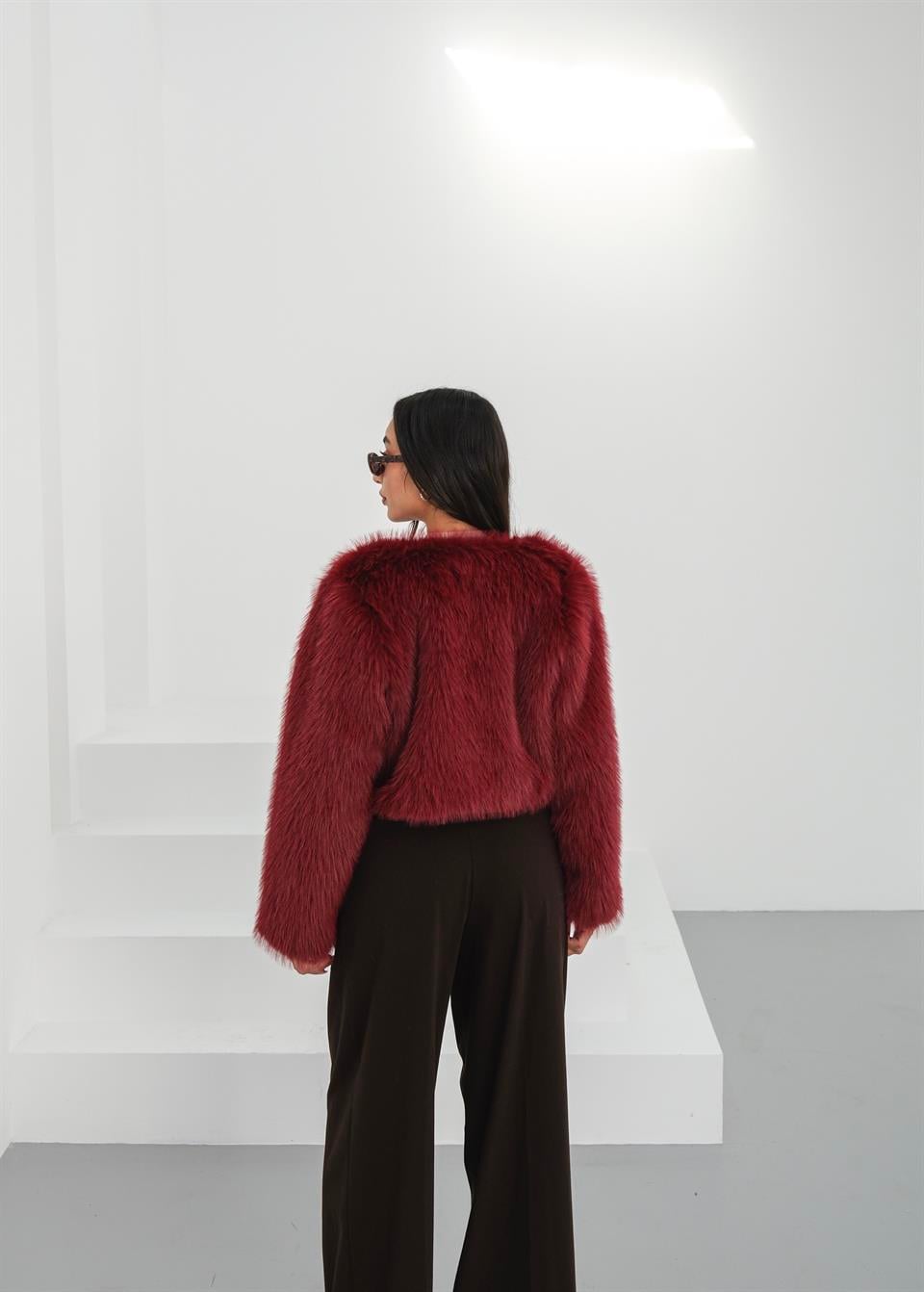 Crop Bordo Kürk Ceket