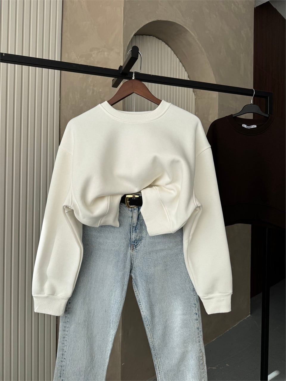 Crop Düz Beyaz Sweatshirt