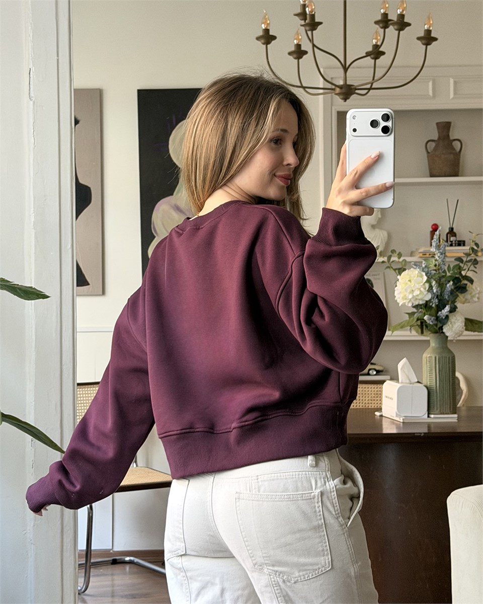 Crop Düz Bordo Sweatshirt
