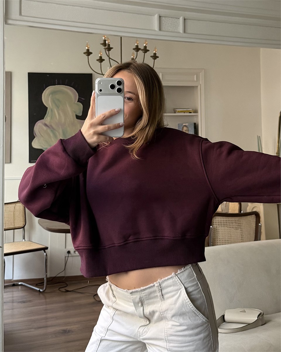 Crop Düz Bordo Sweatshirt
