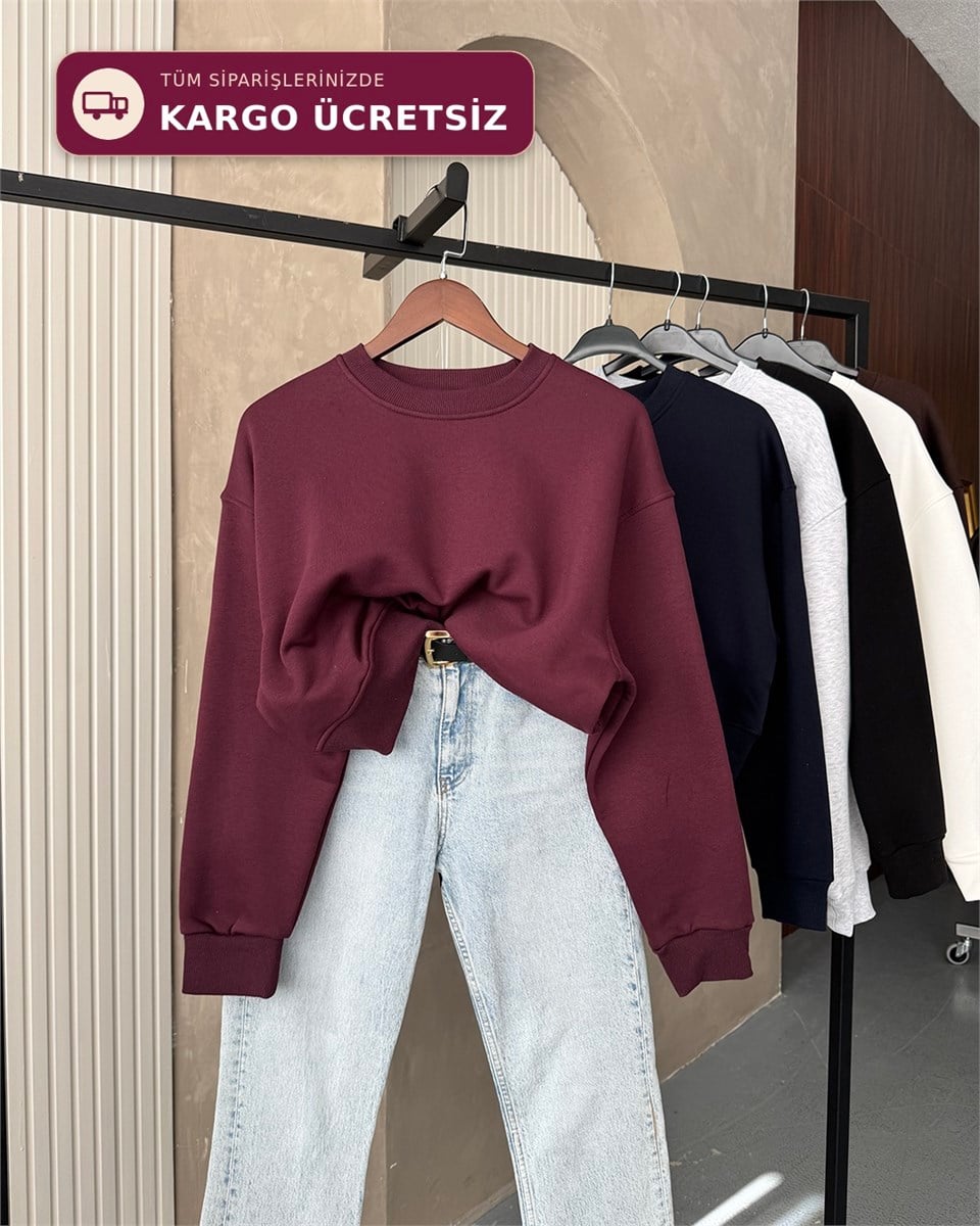 Crop Düz Bordo Sweatshirt