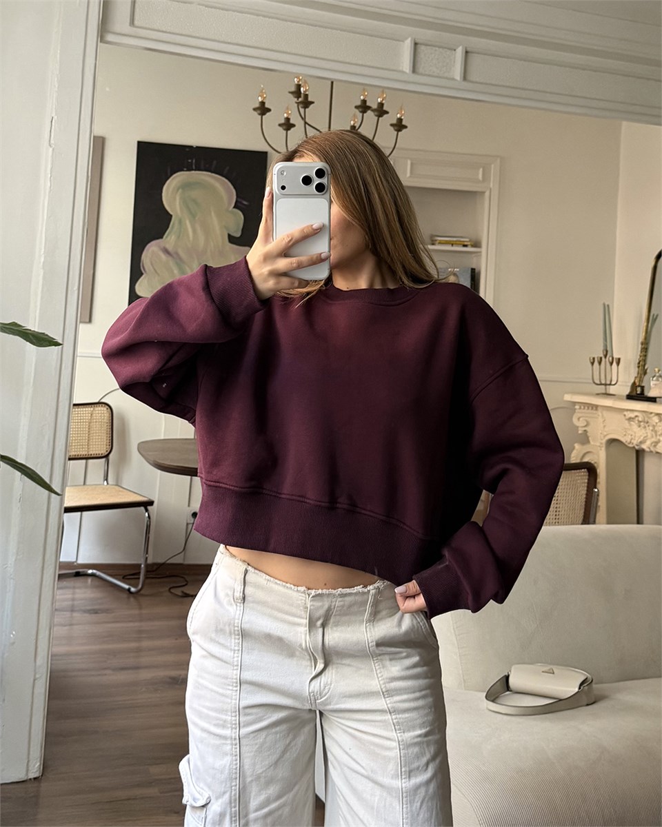 Crop Düz Bordo Sweatshirt