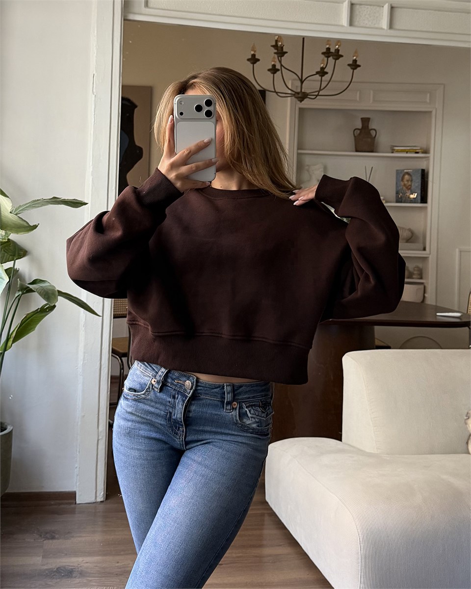 Crop Düz Kahverengi Sweatshirt
