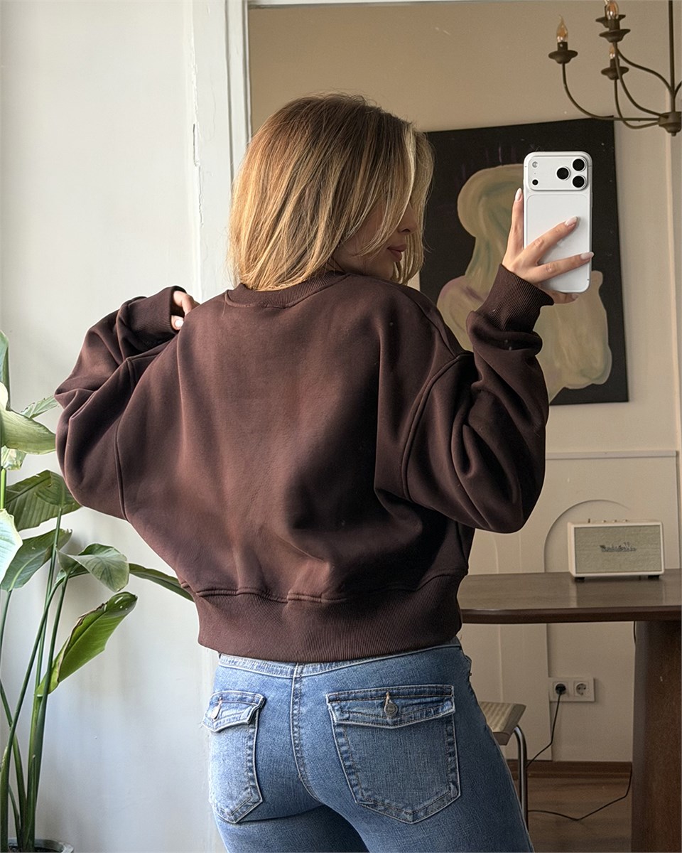 Crop Düz Kahverengi Sweatshirt