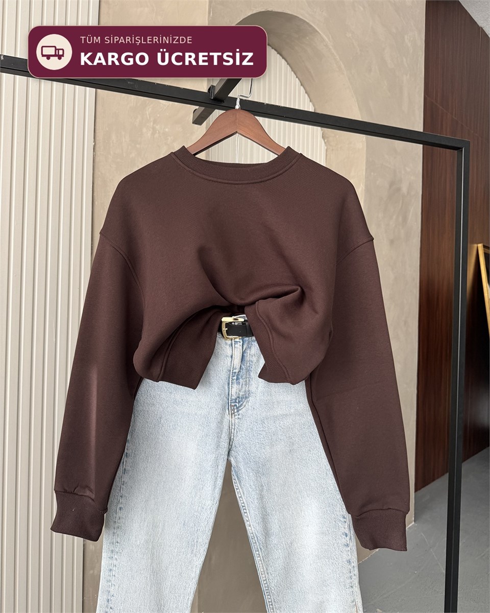 Crop Düz Kahverengi Sweatshirt