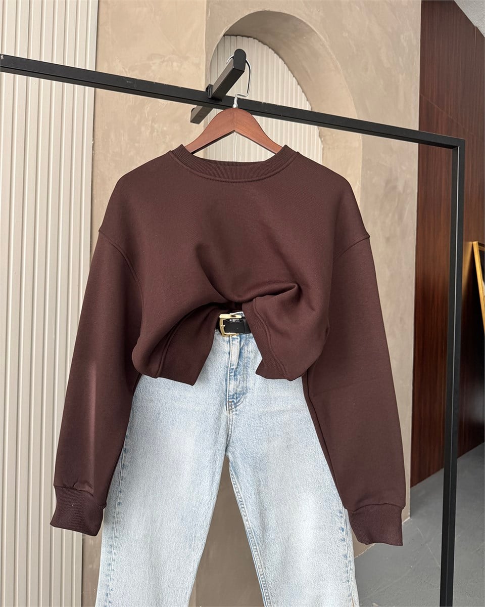 Crop Düz Kahverengi Sweatshirt