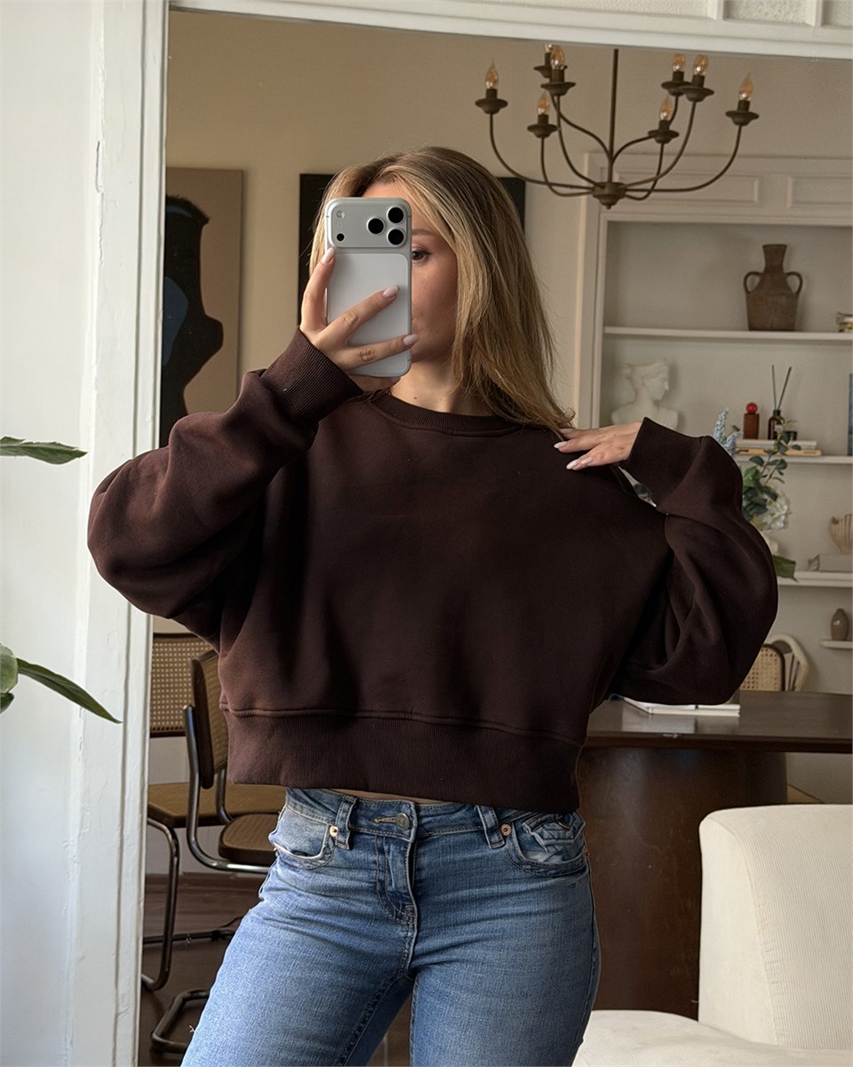 Crop Düz Kahverengi Sweatshirt