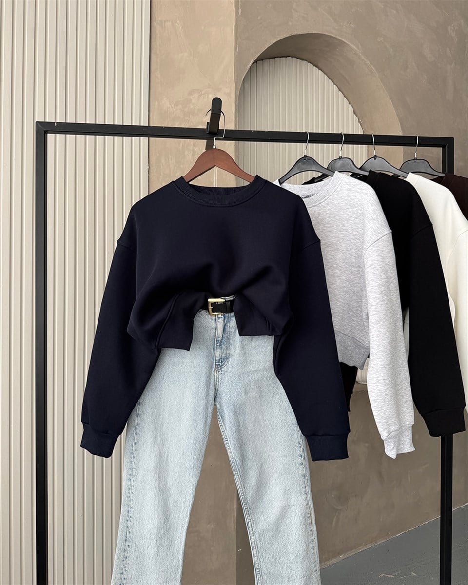 Crop Düz Lacivert Sweatshirt