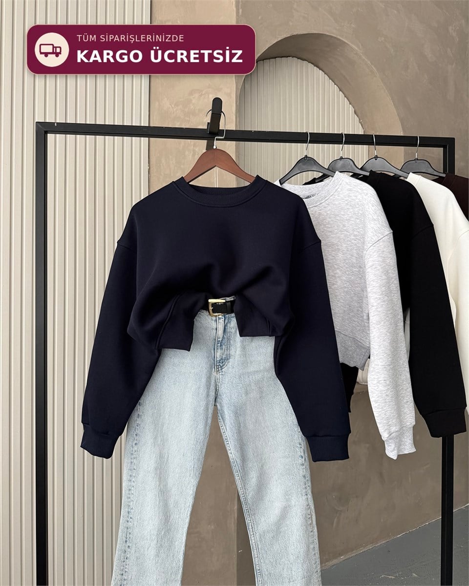 Crop Düz Lacivert Sweatshirt
