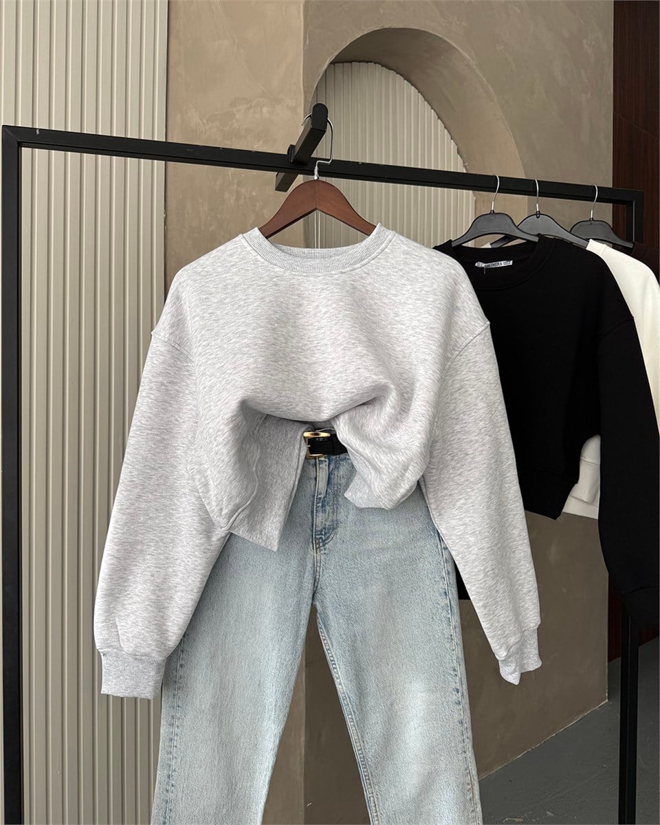 Crop Düz Melanj Sweatshirt