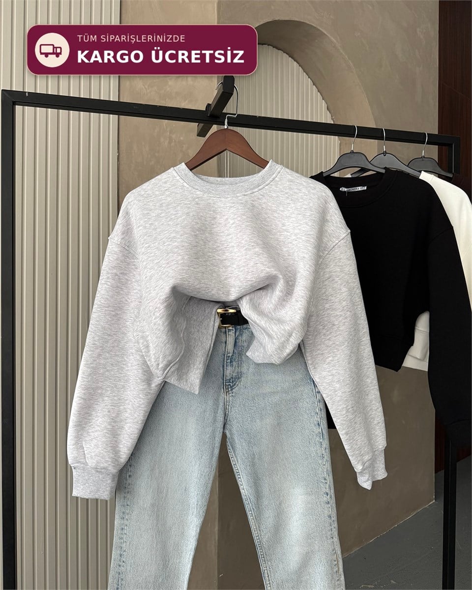 Crop Düz Melanj Sweatshirt