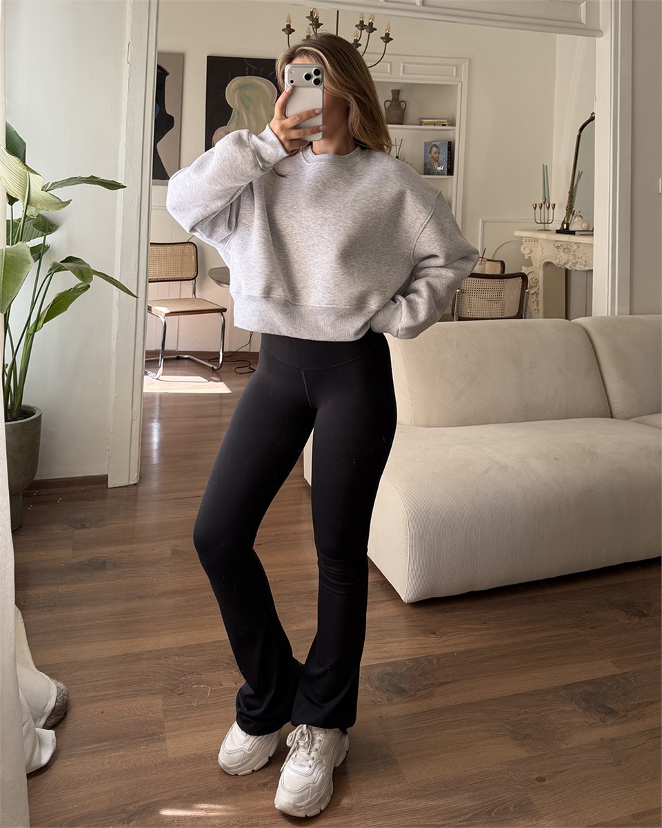 Crop Düz Melanj Sweatshirt