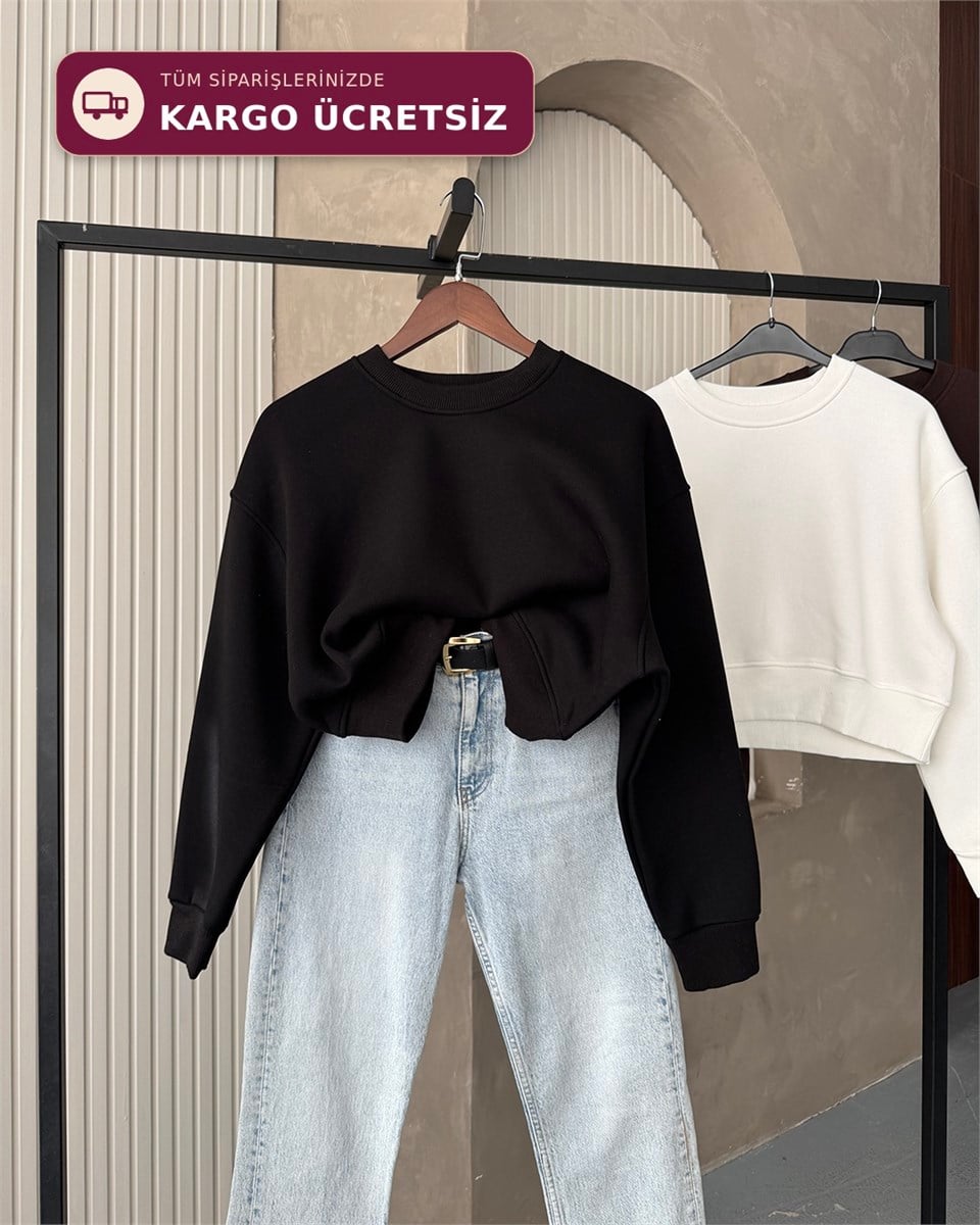 Crop Düz Siyah Sweatshirt
