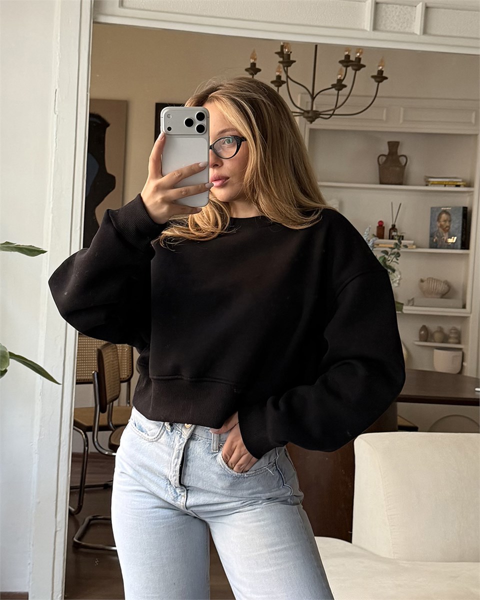 Crop Düz Siyah Sweatshirt