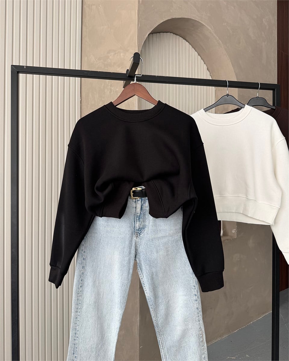 Crop Düz Siyah Sweatshirt