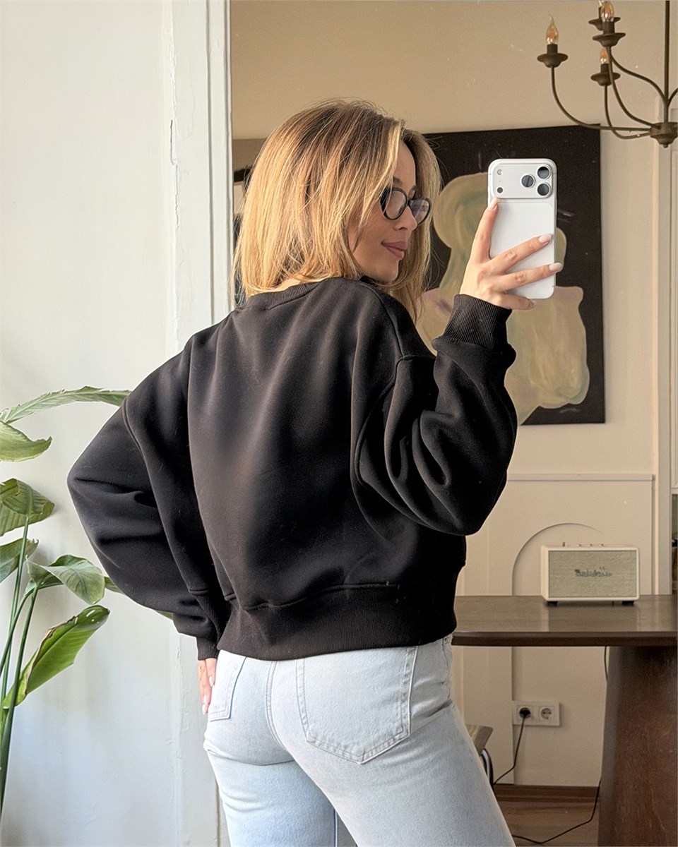 Crop Düz Siyah Sweatshirt