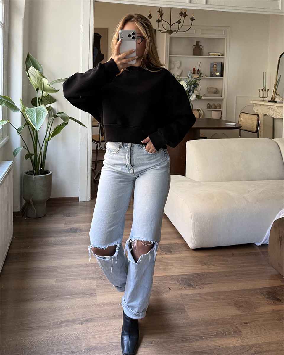 Crop Düz Siyah Sweatshirt