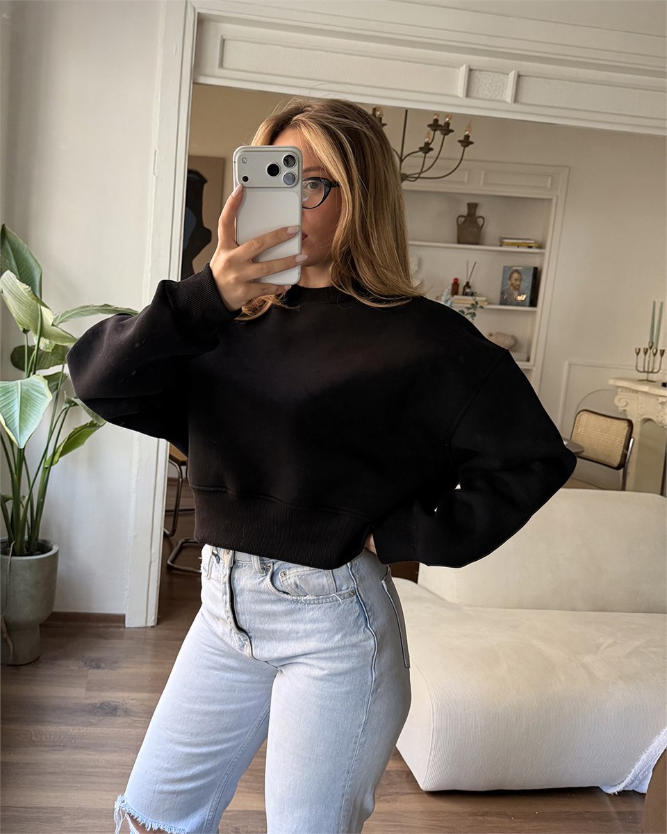 Crop Düz Siyah Sweatshirt