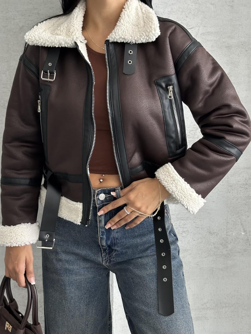 Crop Peluş Yaka Acı Kahve Deri Ceket