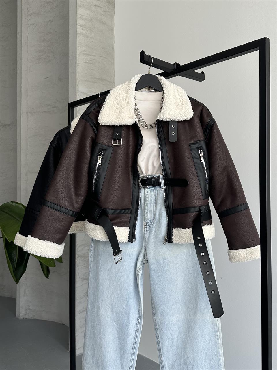 Crop Peluş Yaka Acı Kahve Deri Ceket