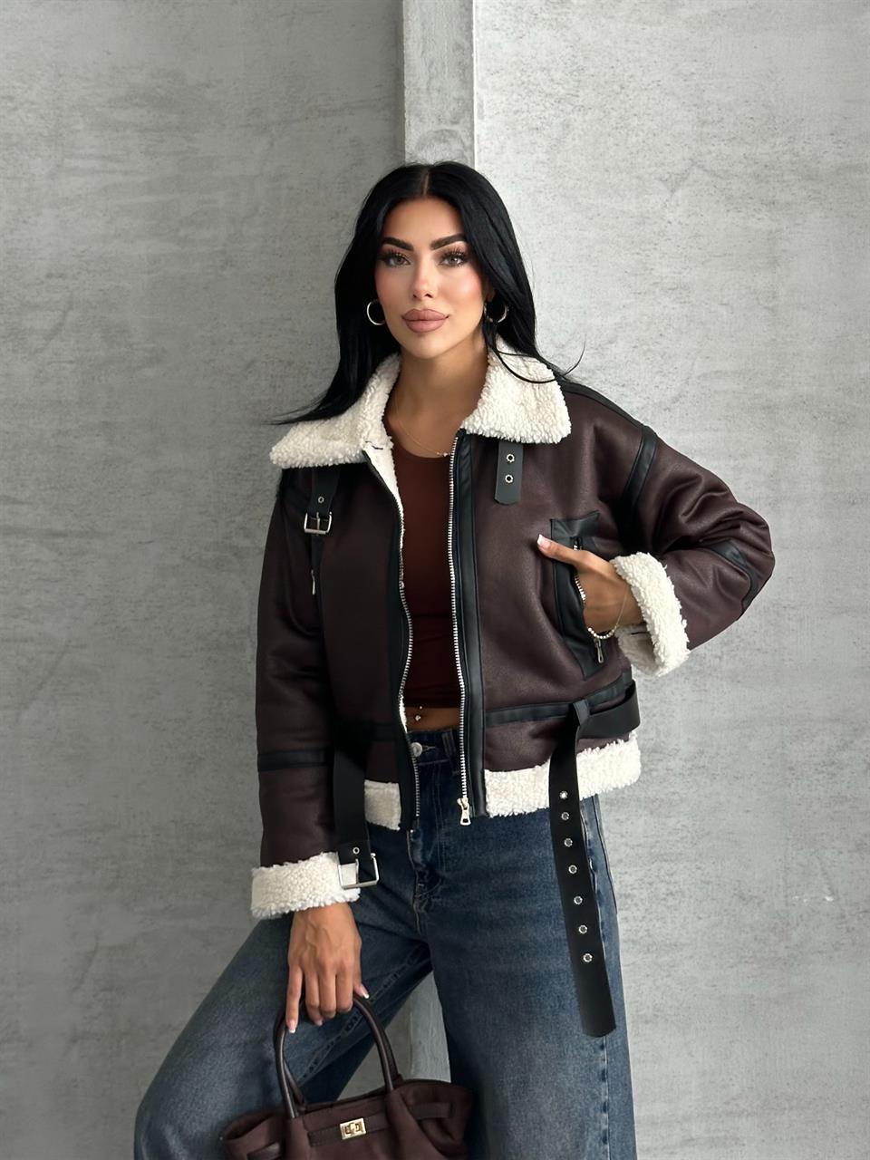 Crop Peluş Yaka Acı Kahve Deri Ceket
