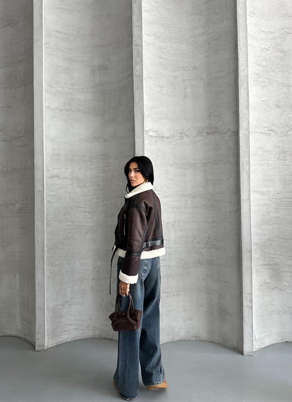 Crop Peluş Yaka Acı Kahve Deri Ceket