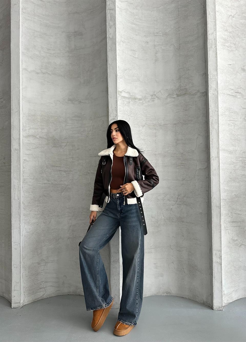 Crop Peluş Yaka Acı Kahve Deri Ceket